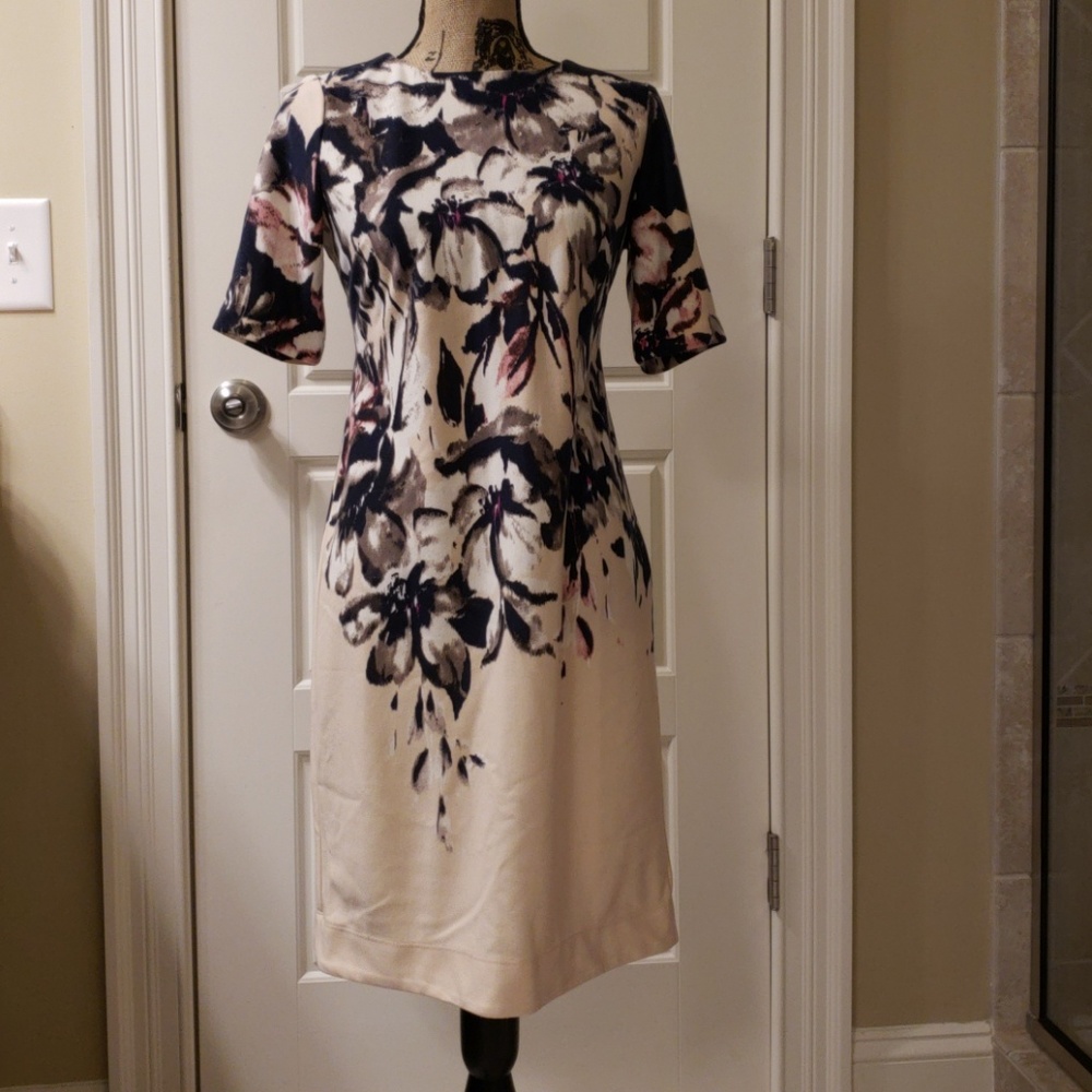 Floral maternity dress. Pink and blue with grey